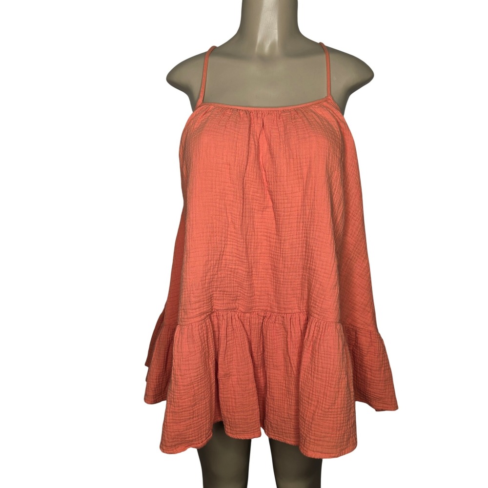 Mable Cami Top Womens Small Coral Gauze Babydoll Tunic Ruffle Cross Back